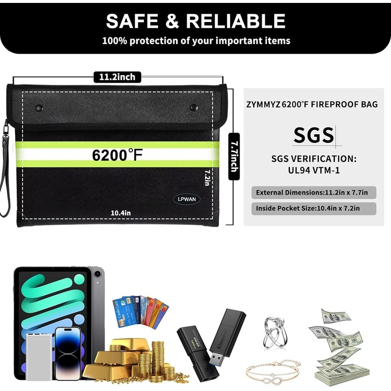 Upgraded Insulated Fire Proof Money Bag for Cash,6200℉ Fireproof&Waterproof Document