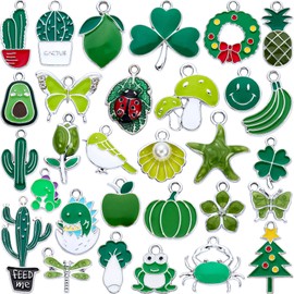 Anjulery Silver-Tone Enamel Charms Set for DIY Jewelry Making - 30 PCS Colorful Metal Pendants for Bracelets, Necklaces, Keychains - Cute Craft Supplies, Gift for Womens (Green)