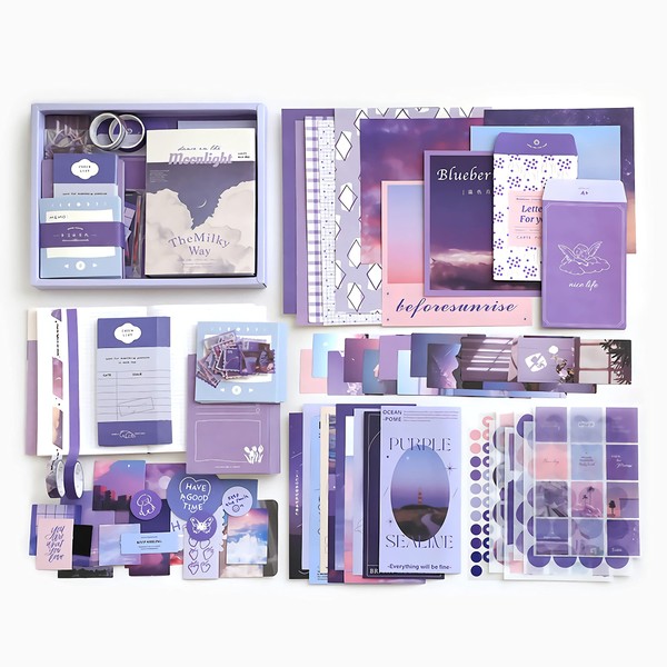 LA QUEENIE Aesthetic Scrapbook Kit,326pcs Scrapbooking Supplies Kit,Art Journaling Supplies with Stationery,A6 Grid Notebook,Scrapbook Gift for Teen Girl Kid(Purple)