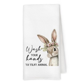 Qskjre Funny Bunny Easter Bathroom Towels, Bunny Gifts for Women, Rustic Farmhouse Wash Your Hands YA' Filthy Animal Rabbit Decorative Hand Towel for Restroom Washroom Toile Kitchen Decor, 16x24 Inch