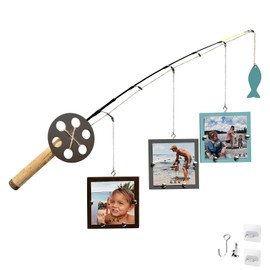 AZEZO Wood Fishing Pole Picture Frame - Three 4''x4'' Frames, Real Fishing Rod Design, Adjustable Hanging - Fishing Decor for Lake House, Cabin, Farmhouse Wall, Boy’s Room, Fishing Lovers, Fisherman