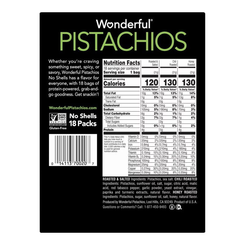 Wonderful Pistachios, No Shells, Variety Pack, 0.75oz (Pack of 9)