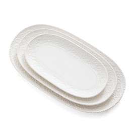 Oval Serving Platter, 14"/12"/10" Ceramic Serving Platters, Embossed White Serving Plates, Stackable Porcelain Tray for Appetizer, Dessert, Pasta, Sushi, Oven Dishwasher Safe, Set of 3, Family Dining