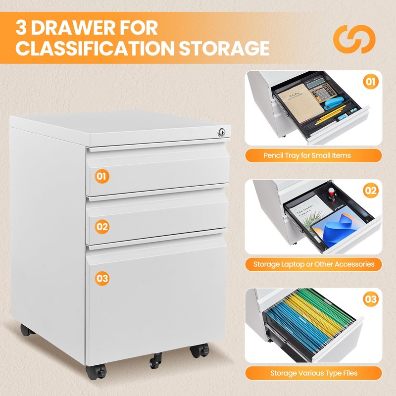 AFAIF 3 Drawer Mobile File Cabinet with Lock, Rolling File