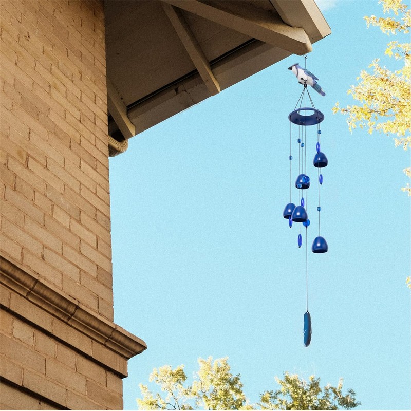 Gardenvy Blue Jay Bird Wind Chimes with Bells, Large Unique