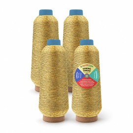 Mandala Crafts Paquete de 4 Conos de Hilos Serger - 150D/2 Hilos de Poliéster Metálico Dorado para Máquina Serger y Máquina de Coser Overlock Quilting