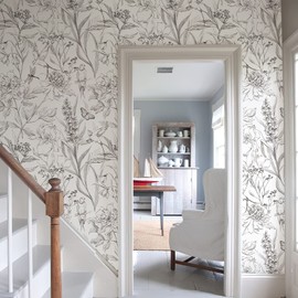 OUSCACH Vintage Floral Peel and Stick Wallpaper Boho Removable Self Adhesive Wallpaper for Bedroom Accent Wall Decorations 17.3"x118" Black and White Flowers Birds and Butterflies Vinyl Contact Paper