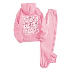 SOLY HUX Women's 2 Piece Outfits Letter Graphic Drawstring Long Sleeve Hoodies Sweatshirt and Sweatpants Set Pink Letter Large