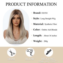 OUFEI Ombre Ash Blonde Wigs for Women Medium Length Long Straight Wig with Curtain Bangs Synthetic Hair Heat Resistant Wigs for Everyday Party Cosplay Wear