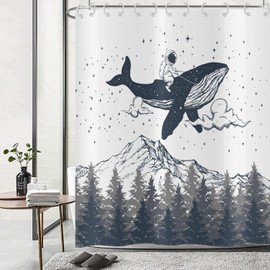 Hnmdmyi Funny Shower Curtain, Astronaut Riding Whale, Shower Curtains, Mountain Misty Forest, Children's Bath Curtain, Waterproof Polyester Fabric, Washable Bath Curtain for Bathroom with Hooks, 180 x