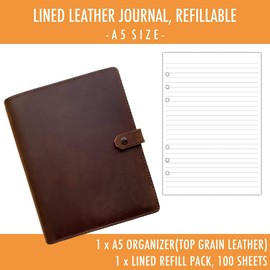 newestor Nachfüllbares Lederjournal mit liniertem Papier, A5 Lederbinder mit 100 Blatt linierten Seiten, dunkelbraun
