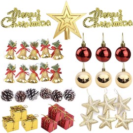 Pack of 37 Mini Christmas Baubles with Hanger, Mini Christmas Tree Decoration Set, Christmas Tree Decoration, Red Gold Tree Baubles, Bell Bells, Pine Cones, Star Christmas Tree Christmas Decoration