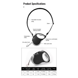 Retractable Dog/Cat/Pet Leash with Crossbody Strap (Small 0-33lbs) - 5 meters/16 feet, Black | Hands Free, Wearable | Durable Ergonomic One Handed Brake, Pause, Lock | Tangle Free Truelove