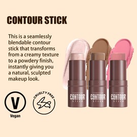 3-Piece Cream Makeup Stick Set - Contour Stick, Cream Bronzer & Blush Stick for Face Sculpting, Buildable & Blendable, Long-Lasting Vegan Makeup Trio