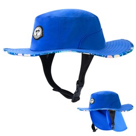 Surf Bucket Hat with Chin Straps and Neck Flap for Surfing, Kayaking,SUP, and Watersports (US, Alpha, Large, Tropical Leaf Blue)