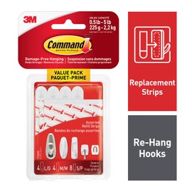 Command Assorted Refill Strips, White, 8 Small 4 Medium 4 Large Strips