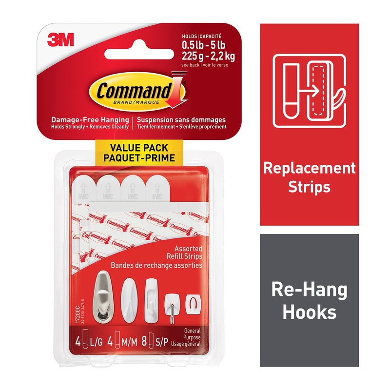 Command Assorted Refill Strips, White, 8 Small 4 Medium 4