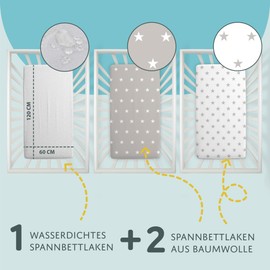 Fitted Sheet Baby Fitted Sheets Set of 3: 120 x 60 cm - 2 x Bed Sheets + 1 x Waterproof Mattress Protector - Baby Cot Accessories for Cot Bed Side Cot Bassinet Stars White Grey