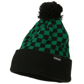 Checkered Long Cuff Pom Pom Beanie - Purple OSFM