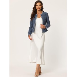 Allegra K Women's Plaid Tweed Blazer Long Sleeve Open Front Work Office Short Jacket Large Dark Blue