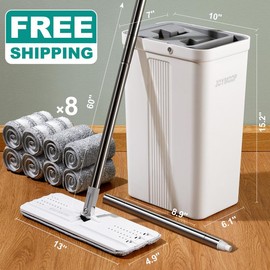 JOYMOOP 50“ Mop and Bucket with 3 Reusable Microfiber Pads Hands Free Flat Squeeze Mop with Wringer Set with Long Handle，White:_Microfib pads (no mop bucket set!!!) 2gray+2stripe