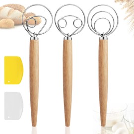 JNWYH 3 Pieces Danish Whisk, Wooden Danish Dough Whisk with 2 Plastic Scrapers for Cakes, Pastries, Dough, Dessert, Pizza Dough, Bread Baking (33 cm)