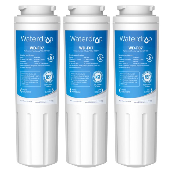 Waterdrop UKF8001 Refrigerator Water Filter 4, Compatible with Whirlpool EDR4RXD1, EveryDrop Filter 4, Maytag UKF8001AXX-750, UKF8001AXX-200, 46-9006, Puriclean II, WD-F07, 3 Filters