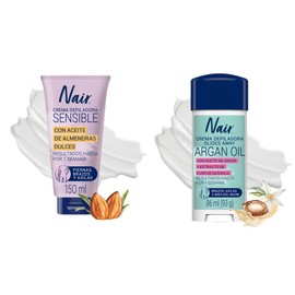 Nair Crema Depiladora Corporal Piel Sensible 150 ml. Marca Probada por Dermatólogos con Ingredientes Naturales + Nair Crema Depiladora Glides Away Arg