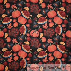 Signature BonEful Fabric FQ Cotton Quilt Black Red Orange Pumpkin Fall Leaf Brown Turkey S
