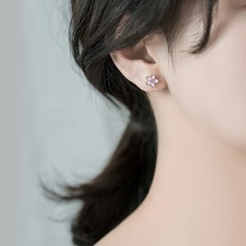 Cherry Blossom Stud Earrings for Women Girls Teens S925 Sterling Silver Cute Sweet Pink Flowers Tiny Cartilage Ear Studs Cubic Zirconia Hypoallergenic Chic CZ Crystal Jewelry Gifts for Daughter Niece