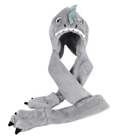 Kids Hat Gloves Scarf 3 In 1 Set Winter Plush Cartoon Dinosaur Hoodie Gloves Pocket Warm Earflap Full Hood Hats Long Scarf Shawl Wraps Mittens for Girls Boys, Great Christmas Birthday Gift (Grey)