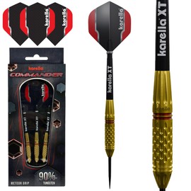 Karella Steeldart Commander Gold 90% Tungsten Steeldart, 24 g, for Classic Dartboard, 3 Darts with Metal Tip, Dartboard, Tungsten, Professional Art with Flight and Shaft