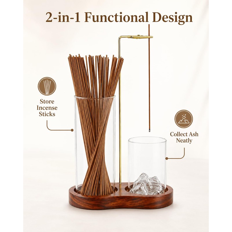 2-in-1 Walnut Wood Glass Incense Holder for Sticks, Anti-Ash Flying