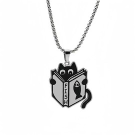 Niaspi Fish Book Cat Pendant Necklaces for Women Unisex Vintage Black Enamel Kitten Animal Reading Trendy Box Chain Necklace Unique Funny Cartoon Easter Jewelry Gifts