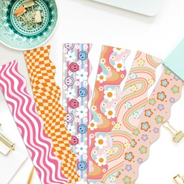 VABAMNA Bulletin Board Borders Groovy Classroom Decorations, 84ft Retro Bulletin Board Trims Smiley Face Flower Daisy Plaid Classroom Wall Door Decors for Teacher School Office Supplies