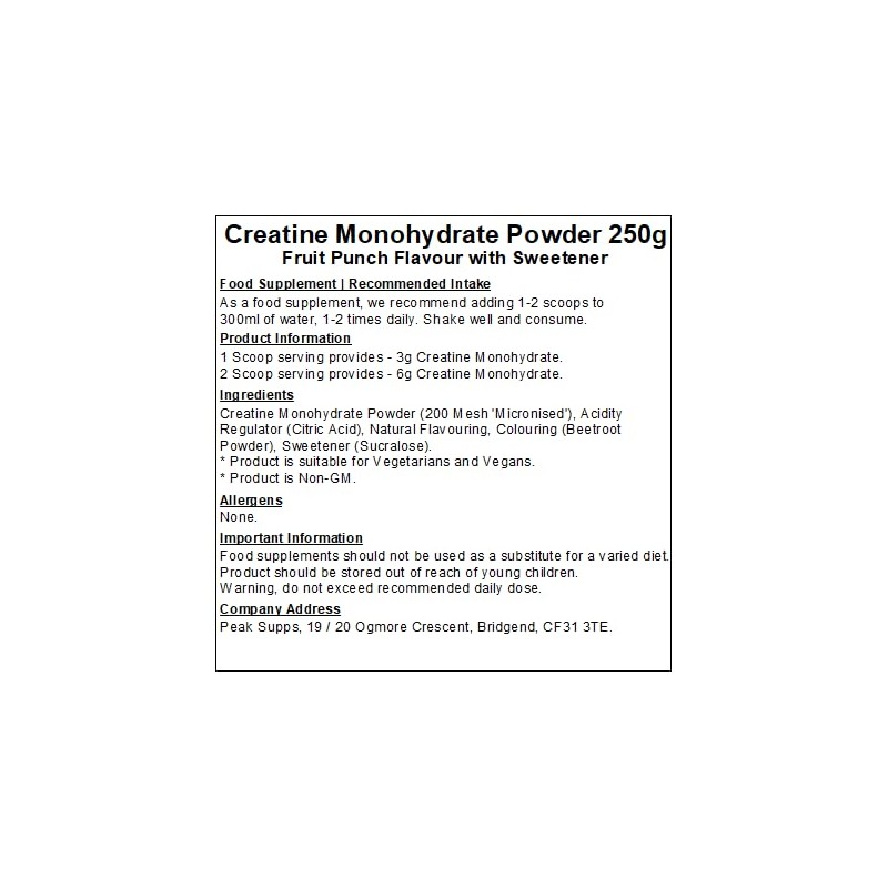 Peak Supps Creatine Monohydrate Powder - Fruit Punch - Micronised