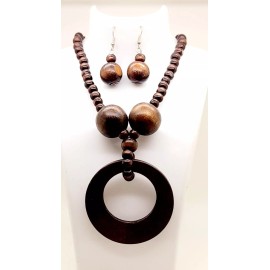 Unbranded Chunky Dark Brown round pendant wood necklace beaded big long necklace & earring