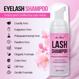 Lash Shampoo for Lash Extensions 60 Ml/2fl.oz Eyelash Extension Cleanser Oil Free Lash Cleanser for Eyelash Care, Gentle Foaming Eyelash Shampoo with Brush for Salon Home Care (Cherry Blossmom 60ml)