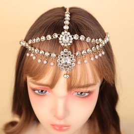 BERYUAN Tassel Rhinestone Pearls Pendant Headband Sparkly Rhinestone Forehead Hair Chain Gold Silver Boho Crystal Pearls Pendant Headchain for Wedding Women Girls (gold, large)