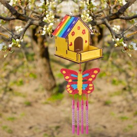 Feifeiya 24 Sets DIY Birdhouse Wind Chime Kit Build and Paint Birdhouses Wooden Arts 24 Unfinished Wooden Bird House 24 Wind Chime 38 Butterfly Sticker 24 Watercolor Pen Arts for Activity(Classic)