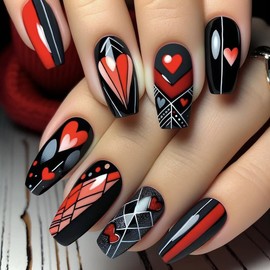 24Pcs Valentine Press on Nails Coffin Shaped Fake Nails with Line Designs Medium Black False Nails Heart Full Cover Glue on Nails Valentine Stick on Nails for Women Girls Manicure Art