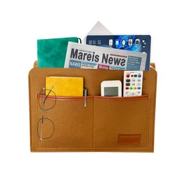 KAKKOII Bedside Caddy, Sofa Caddy, Storage Organizer Pocket for Dorm, Bedroom, 5 Pockets Felt Organizer for Magazine, Remote, Phone, Tablet, Pad, Glasses, Pen, Remote Control (Brown-Short)