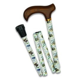 Folding Cane. The Travel Time Adjustable Cane is The Perfect Companion for Your Trip or Vacation. Vacation Images abound on The Aluminum Shaft. Wood-Grain Derby Handle. A Traveler's Delight!