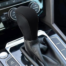 AICARS Leather Gear Shift Knob Cover Compatible with Volkswagen Atlas丨 Beetle丨 Golf丨 Passat丨 Jetta 丨 Tiguan 2011-2021 Black Leather with Black Stitches Shifter Knob Cover - Black