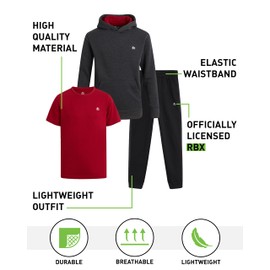 RBX Boys Sweatsuit Set - 3 Piece Active Fleece Jogger Sweatpants Hoodie and T-Shirt for Boys - Athletic Outfit (Sizes 2T-12), Size 8, Lunar Rock Red