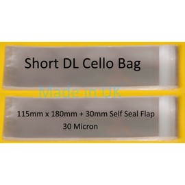 celloexpress Short DL Cello - 115mm x 180mm + 30mm Flap - Cellophane Greeting Card Display Bags 30 Micron Self Seal - Medium Cello - Pack of 100