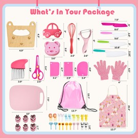 44 PCs Kids Knife for Real Cooking, Hombae Toddler Cooking Set Safety Wooden Plastic Knives Cutting Board Bread Fruit Fork Crinkle Cutter Peeler Scissor Cream Scraper Egg Beater Glove Apron Bag Pink