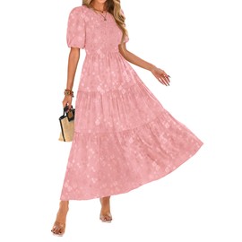KIRUNDO Womens Summer Dresses Wedding Guest Floral Midi Sundress Short Puff Sleeve Flowy A Line Smocked Tiered Boho Dress(Pink, X-Large)