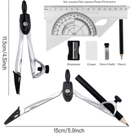 Math Compass for Geometry Set,Geometry Set Math Compass,Math Geometry Kits Compass Maths Tool,10Pcs Geometry Compass Sets with Compass, Protractor,Ruler Eraser, Pencil,Pencil Sharpener,Refills,Box