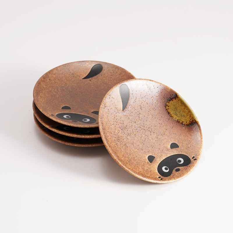 Fukubeya Mino Ware Raccoon Plates, Set of 4, Made in